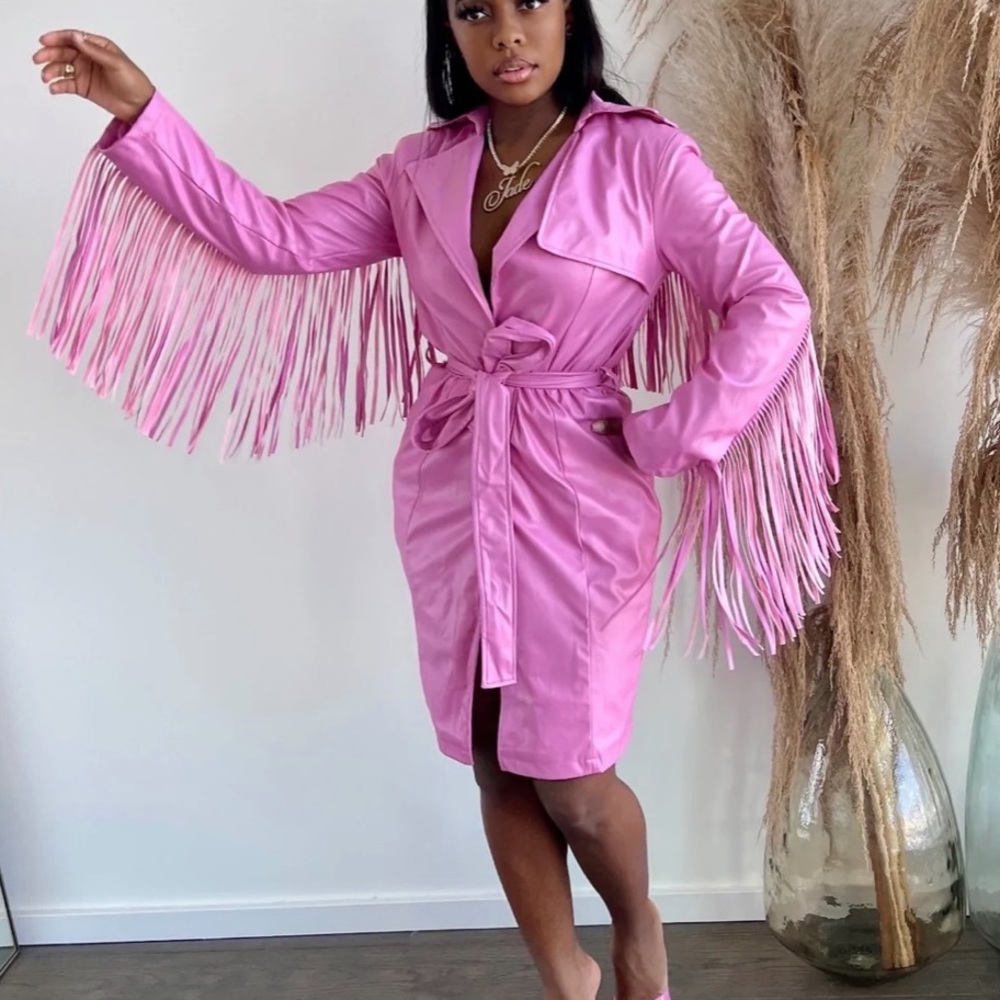 Pink Fringe Faux Leather Trench Coat